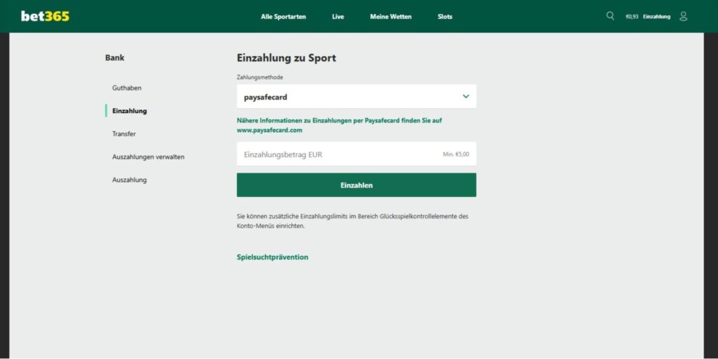Einzahlung mit Paysafecard bei bet365