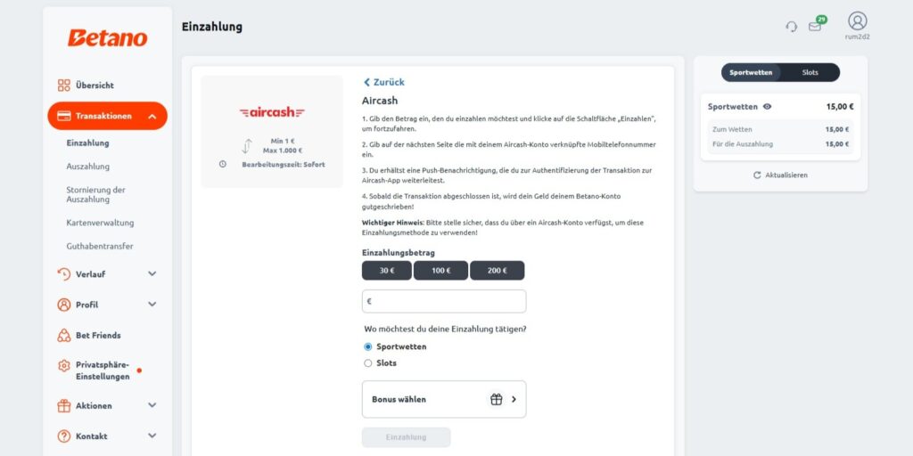 Einzahlung mit Aircash bei Betano