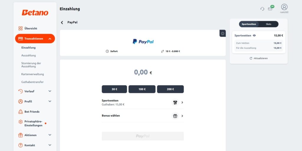 Einzahlung mit PayPal bei Betano