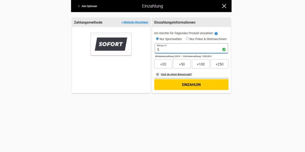 Einzahlung mit Klarna bei bwin