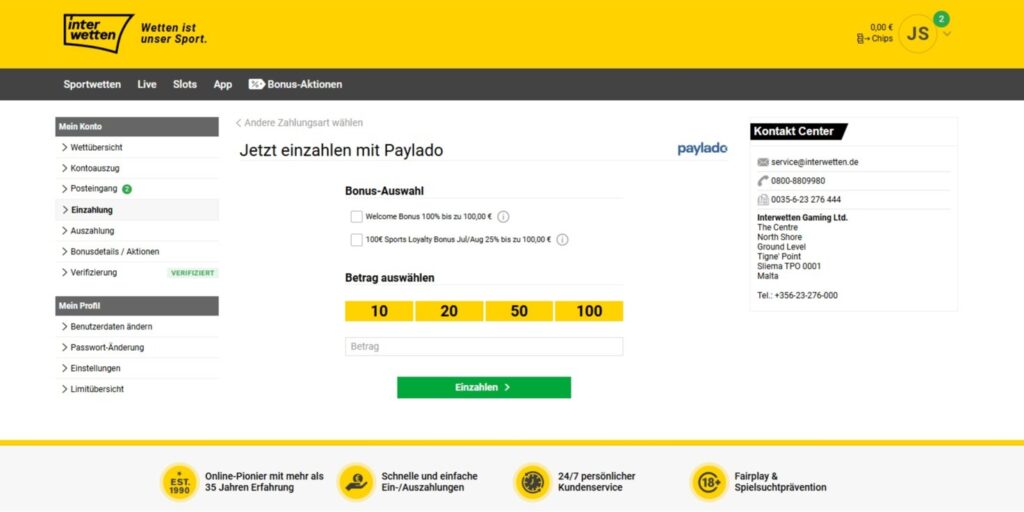 Einzahlung mit Paylado bei Interwetten