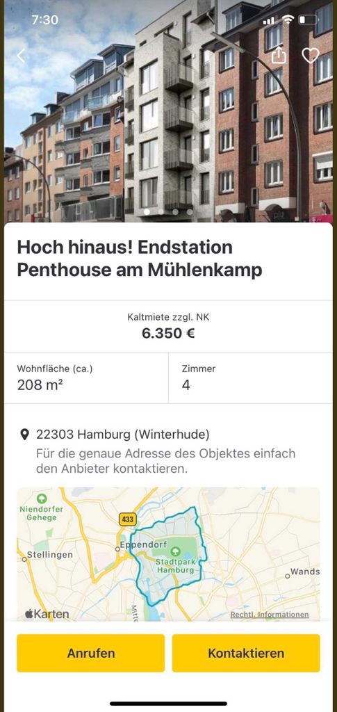 Die Anzeige von dem Penthouse am Mühlenkamp ist inzwischen wieder offline genommen. Hier: Ein Screenshot der Anzeige auf Immo-Welt.