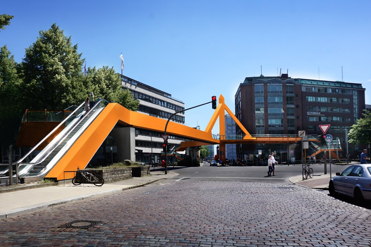 Die Cremonbrücke in der Hamburger Altstadt wird abgerissen. Derzeit ist sie blau. Die Designerin Ulrike Krages schlug in der Vergangenheit einen Anstrich zum Beispiel in orange oder apricot vor.
