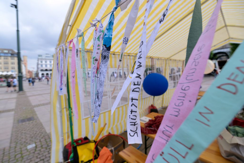 „Klimabänder“ vor dem Hamburger Rathaus