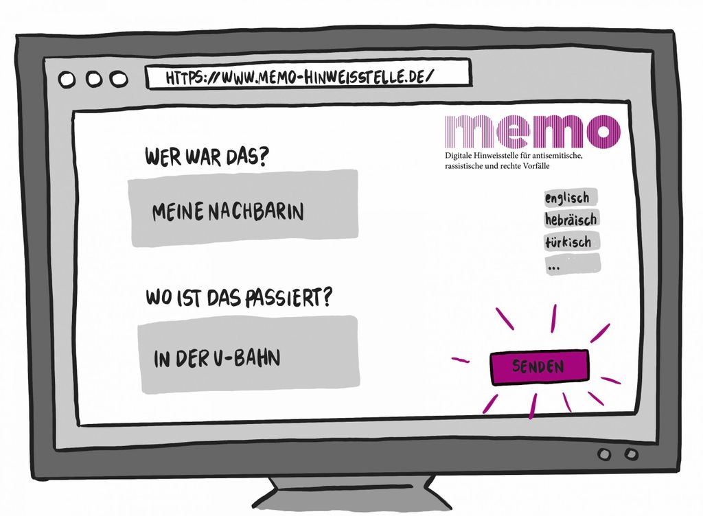 Bei der neuen digitalen Hinweisstelle „memo“ können Betroffene, Zeug:innen und Menschen aus dem Umfeld rassistische, antisemitische und Vorfälle rechter Gewalt melden.