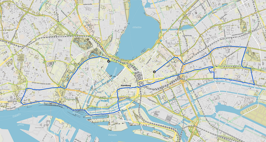 Auf einem Stadtplan von Hamburg ist die Route der Fahrraddemo von Hamburg Pride eingezeichnet.  