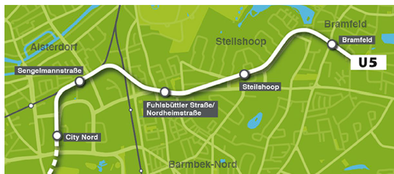 Der erste Abschnitt der U5 führt von Bramfeld bis in die City-Nord.
