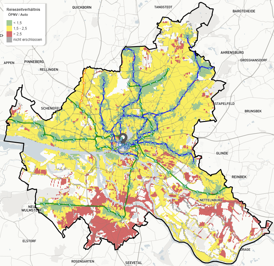 Die Karte vom MIB zeigt, wie der Reise-Zeit-Index in Hamburg liegt mit dem Jungfernstieg als Startpunkt.