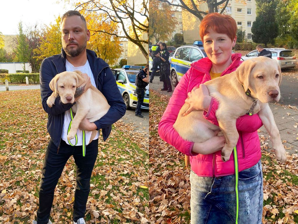 Nicole Hartmann und Stefan Klippstein mit zwei geretteten Hundewelpen
