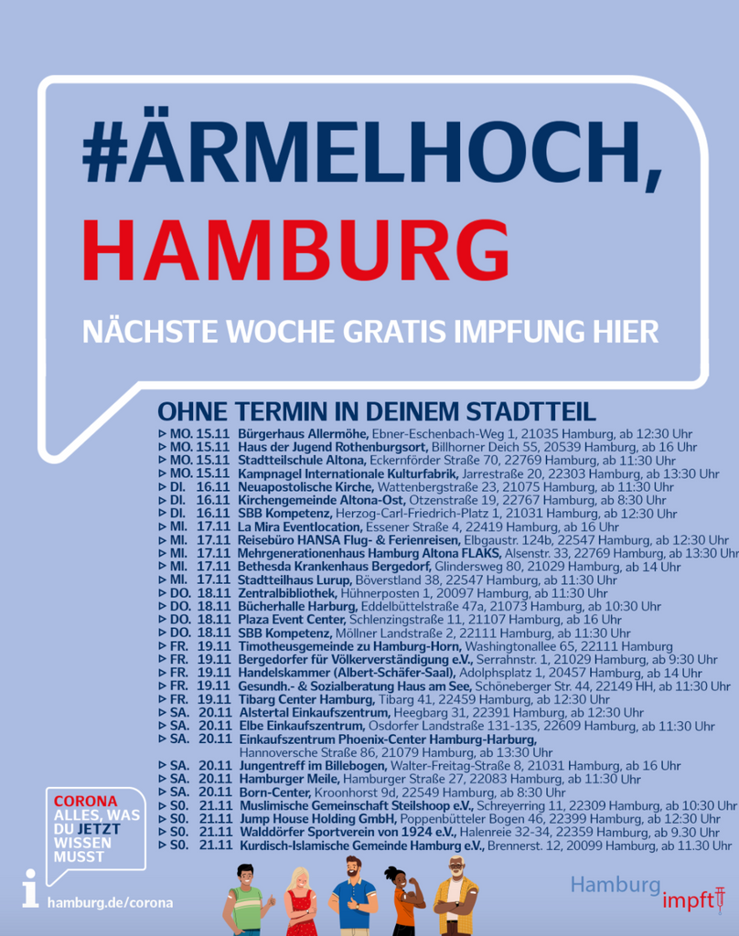 Bei der Aktion „#Ärmelhoch, Hamburg“ bietet der Hamburger Senat mobile Impfungen in den Stadtteilen an.