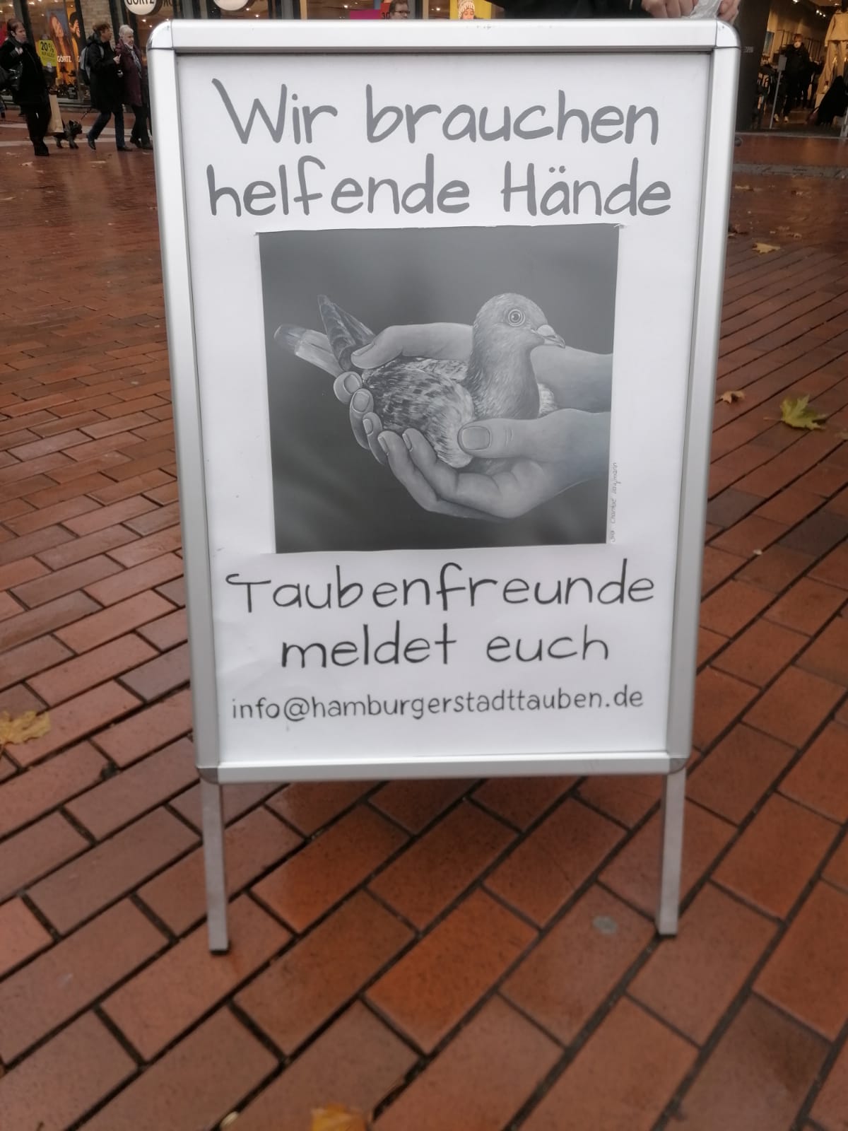 Ein Aufsteller bei der Mahnwache für Stadttauben.