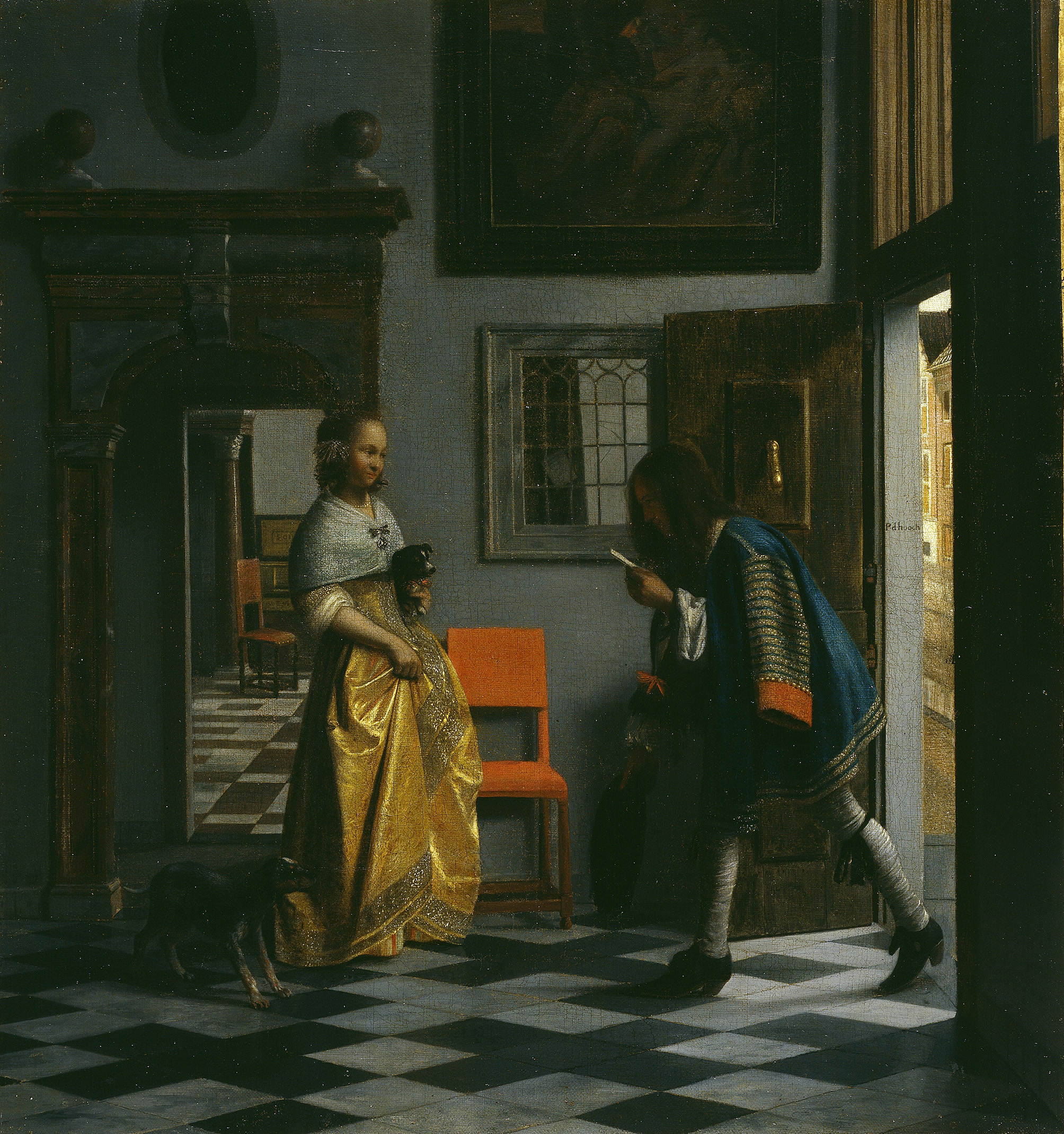 Das Gemälde zeigt eine feine Dame und einen Boten, der ihr einen Brief überreicht